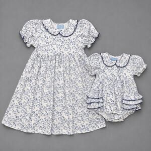 Classic Whimsy Sister Set Blue White Pumpkin Floral  Sz 5 & 9M Fall Thanksgiving
